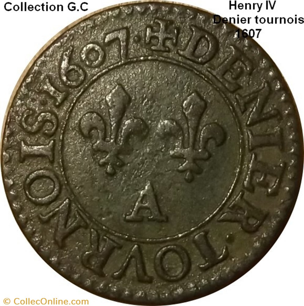 Denier tournois, 2e type de Paris (légende française) 1607 Paris, Moulin des Étuves monnaie denier tournois 2e type de paris legende francaise 1607 paris moulin des etuves