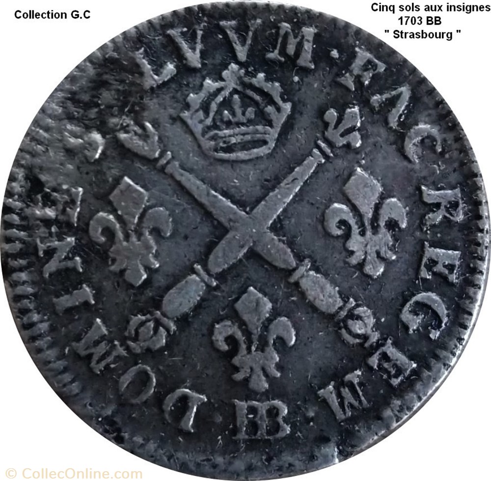 Louis XIV Cinq sols aux insignes 1703 monnaie louis xiv cinq sols aux insignes 1703