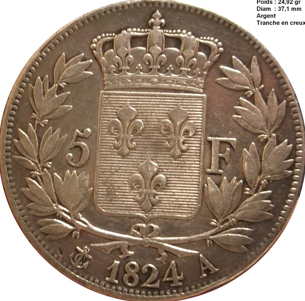 monnaies monde france 5 francs louis 18 1824 a paris