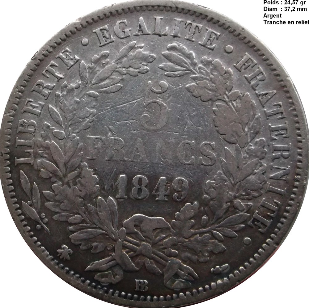 monnaies monde france 5 francs ceres iie republique 1849 bb strasbourg
