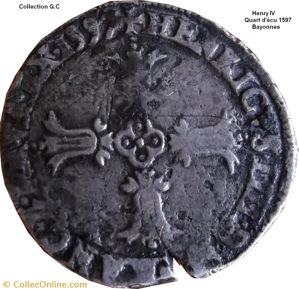 Quart d'écu, croix feuillue de face 1597 Bayonne monnaie france royale quart ecu croix feuillue de face 1597 bayonne