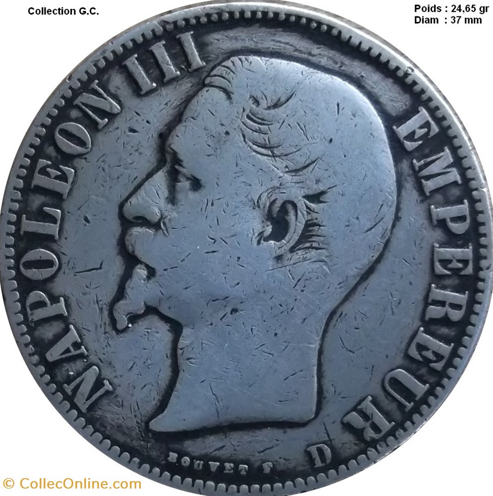 5 francs Napoléon III, tête nue 1856 D Lyon monnaies monde france 5 francs napoleon iii tete nue 1856 d lyon