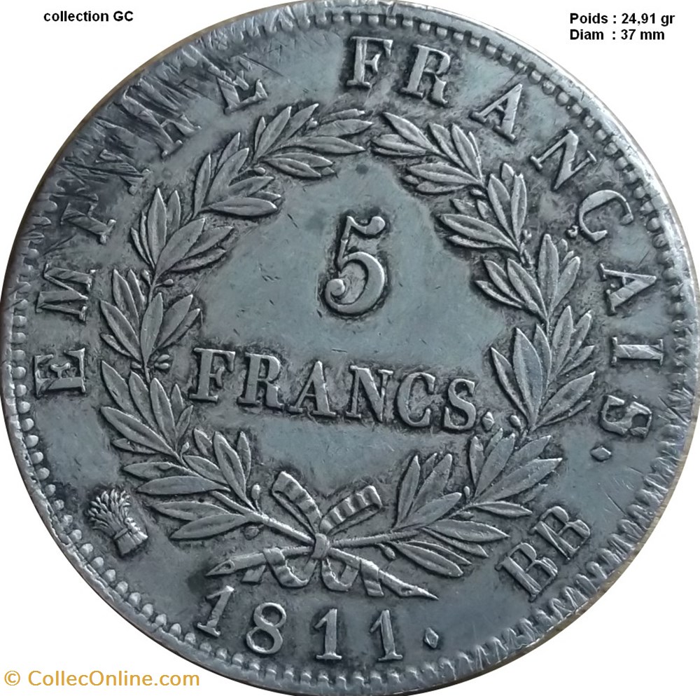 5 francs Napoléon Empereur, Empire français 1811 BB monnaies monde france 5 francs napoleon empereur empire francais 1811 bb