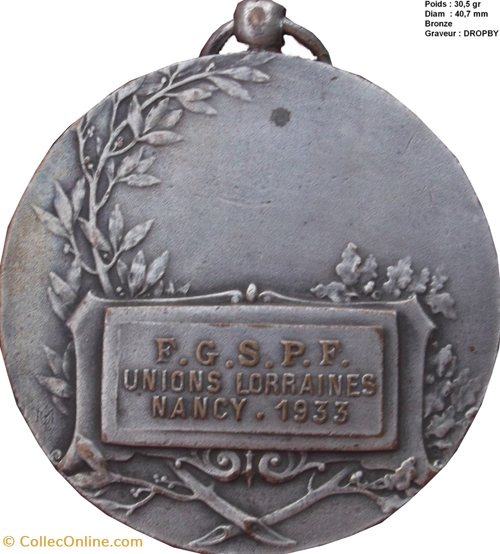 Médaille : F.G.S.P.F. Unions Lorraine Nancy 1933 medailles medaille f g s p f unions lorraine nancy 1933