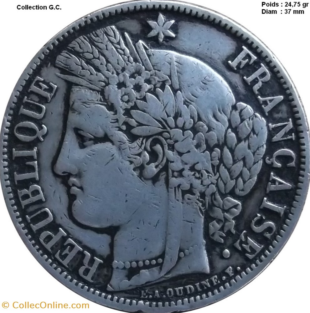 5 francs Cérès, avec légende 1870 Paris monnaies france modernes 5 francs ceres avec legende 1870 paris