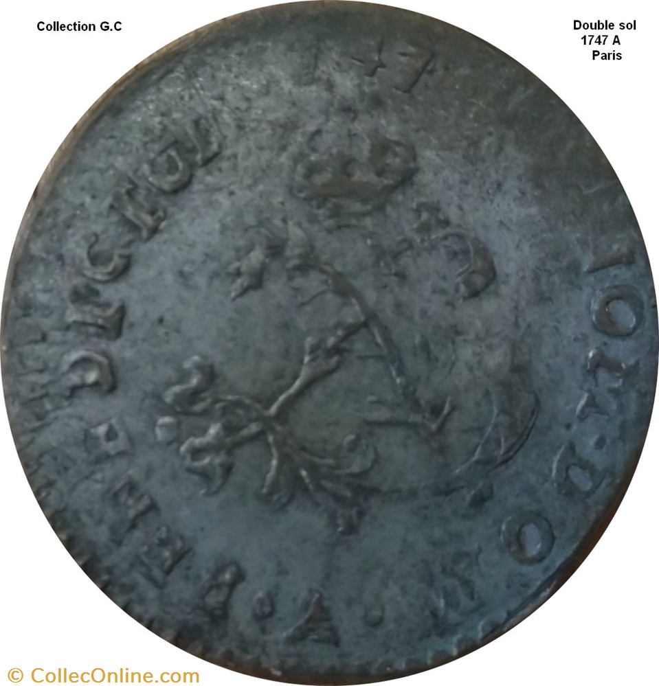 Double sol " 2 Sous" "dit aux 2 L couronnés" 1747 A double frappe monnaie france royale double sol 2 sous dit aux 2 l couronnes 1747 a double frappe