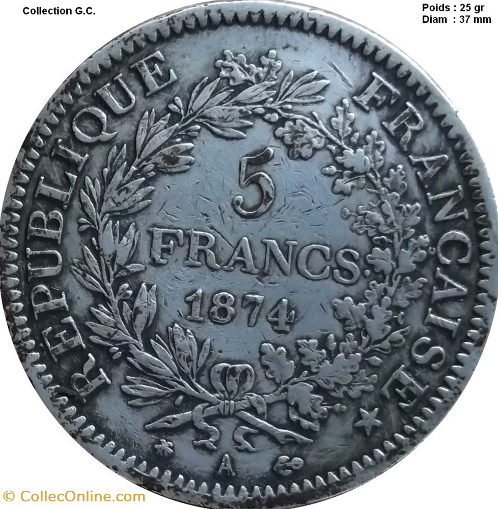 - 5 francs Hercule 1874 A Paris monnaies monde france 5 francs hercule 1874 a paris