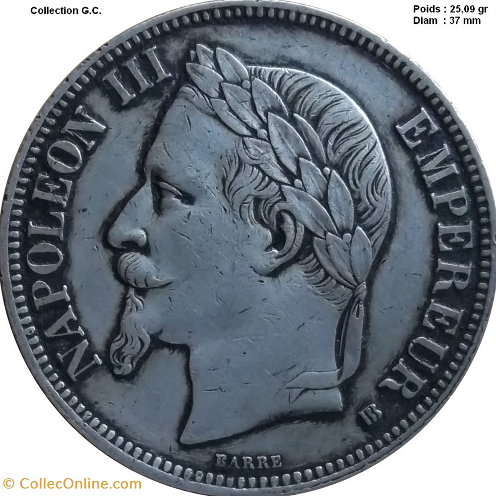 5 francs Napoléon III, tête laurée 1867 Strasbourg monnaies france modernes 5 francs napoleon iii tete lauree 1867 strasbourg