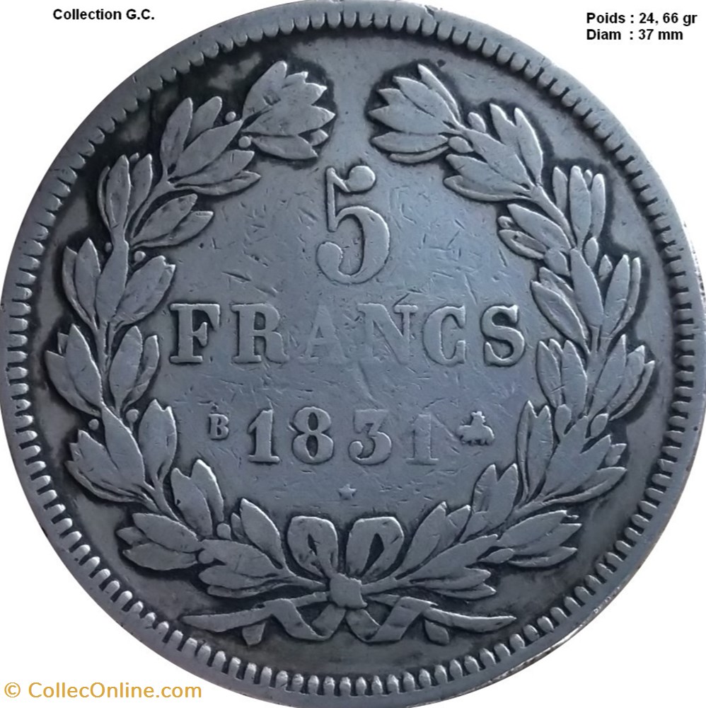 5 francs Ier type Domard, tranche en relief 1831 B Rouen monnaies monde france 5 francs ier type domard tranche en relief 1831 b rouen
