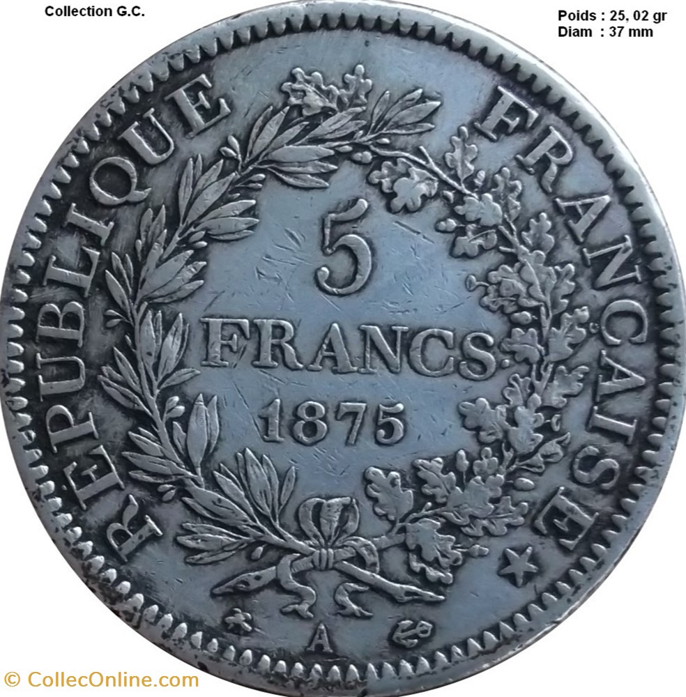- 5 francs Hercule 1875 A Paris monnaies monde france 5 francs hercule 1875 a paris