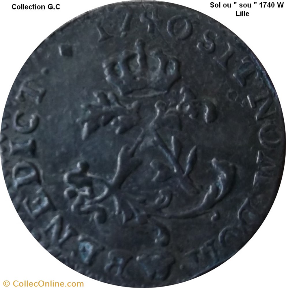 Sol ou " Sou " dit aux 2 L couronnés "1740 W Lille monnaie france royale sol ou sou dit aux 2 l couronnes 1740 w lille