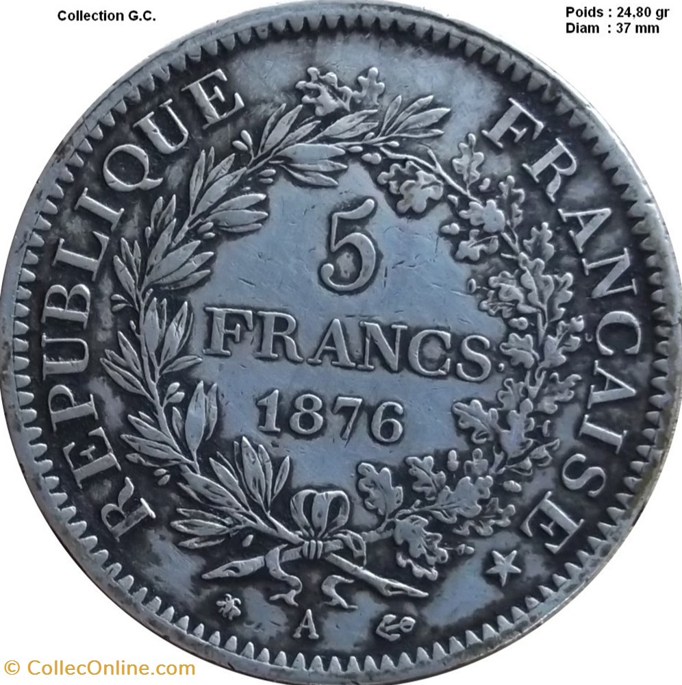 - 5 francs Hercule 1876 A Paris monnaies monde france 5 francs hercule 1876 a paris