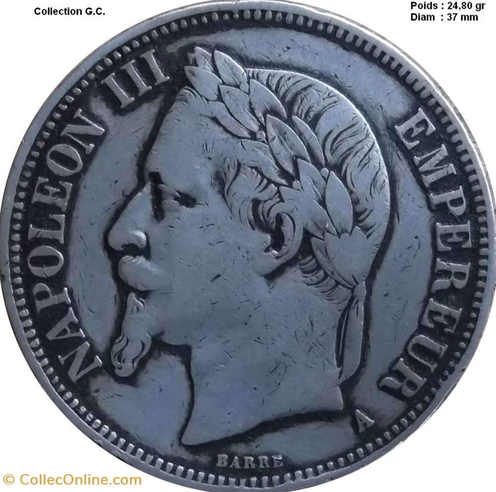 monnaies monde france 5 francs napoleon iii tete lauree 1869 a paris