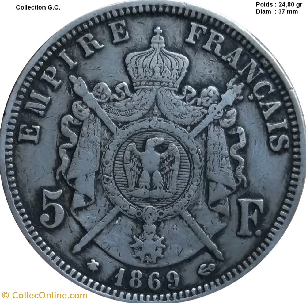 monnaies monde france 5 francs napoleon iii tete lauree 1869 a paris