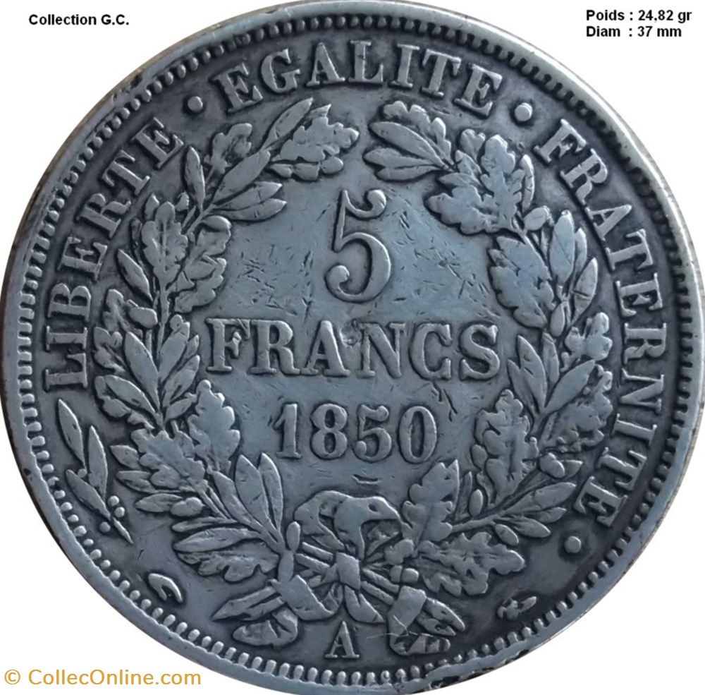5 francs Cérès, IIe République 1850 A Paris monnaies monde france 5 francs ceres iie republique 1850 a paris