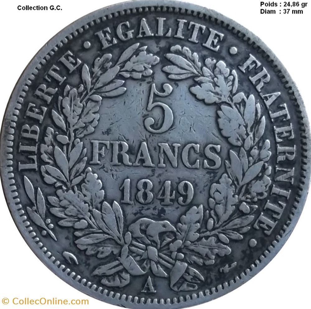 5 francs Cérès, IIe République 1849 A Paris monnaies monde france 5 francs ceres iie republique 1849 a paris