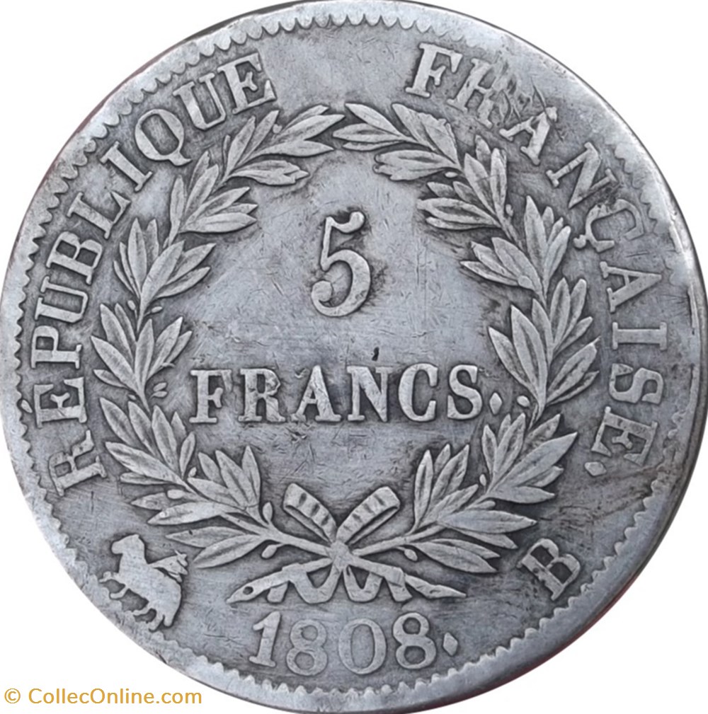 5 Francs Napoléon 1 er 1808 B Rouen monnaies monde france 5 francs napoleon 1 er 1808 b rouen