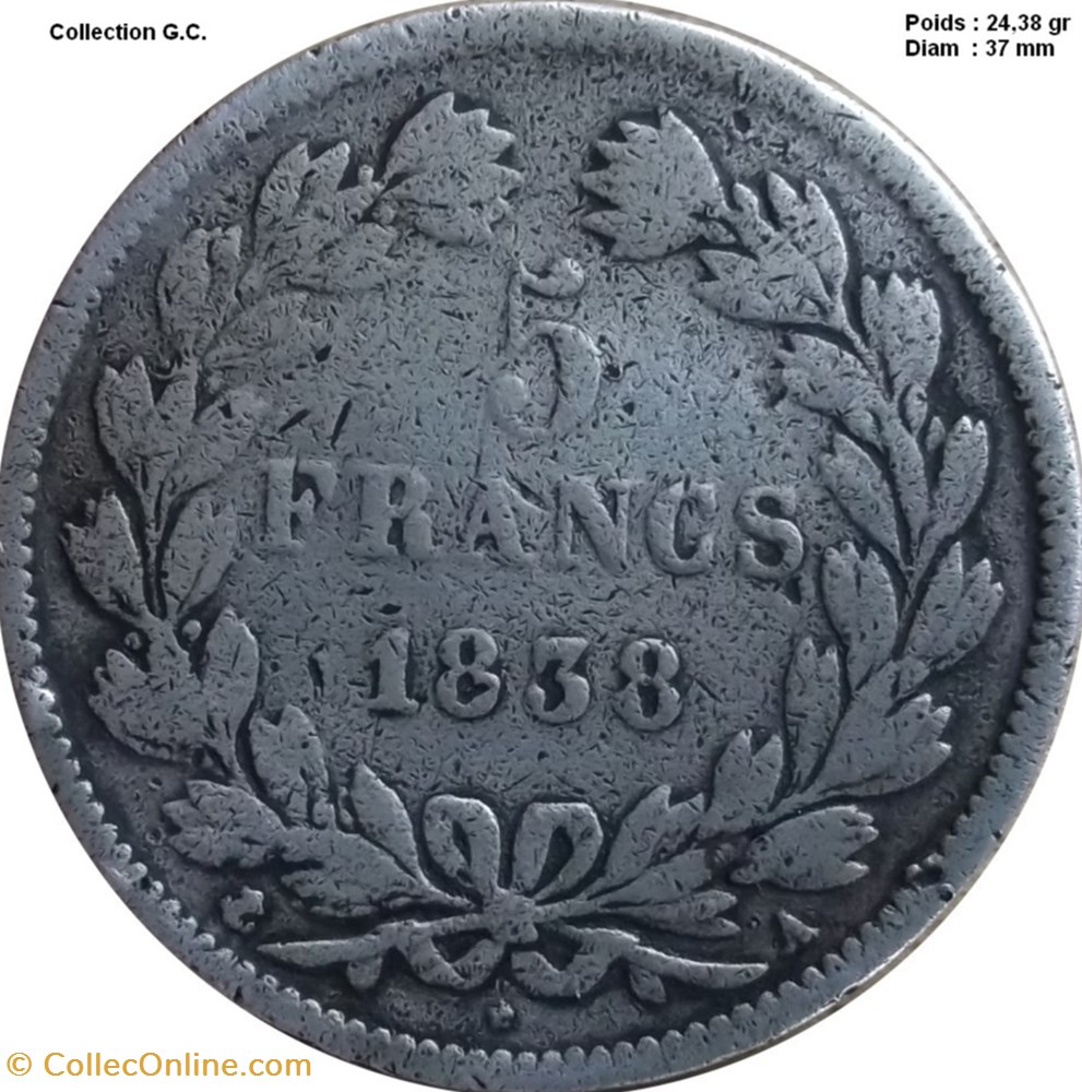 monnaies monde france 5 francs iie type domard 1838 a paris