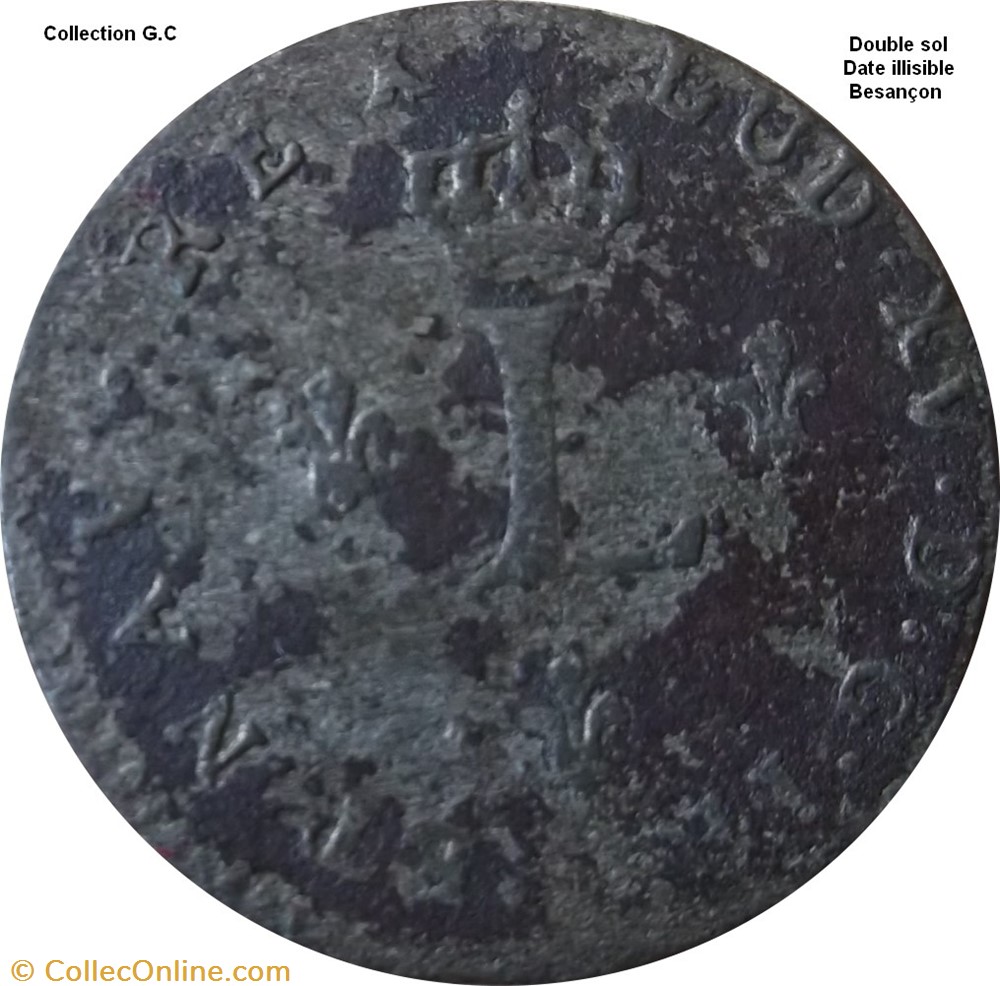 Double sol " 2 Sous" "dit aux 2 L couronnés" Besançon date illisible monnaie france royale double sol 2 sous dit aux 2 l couronnes besancon date illisible