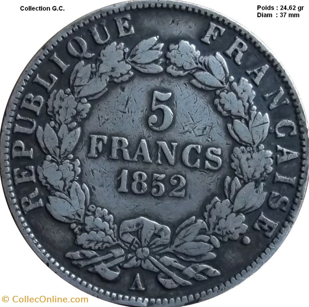 5 francs Louis-Napoléon, 1er type 1852 A Paris monnaies monde france 5 francs louis napoleon 1er type 1852 a paris