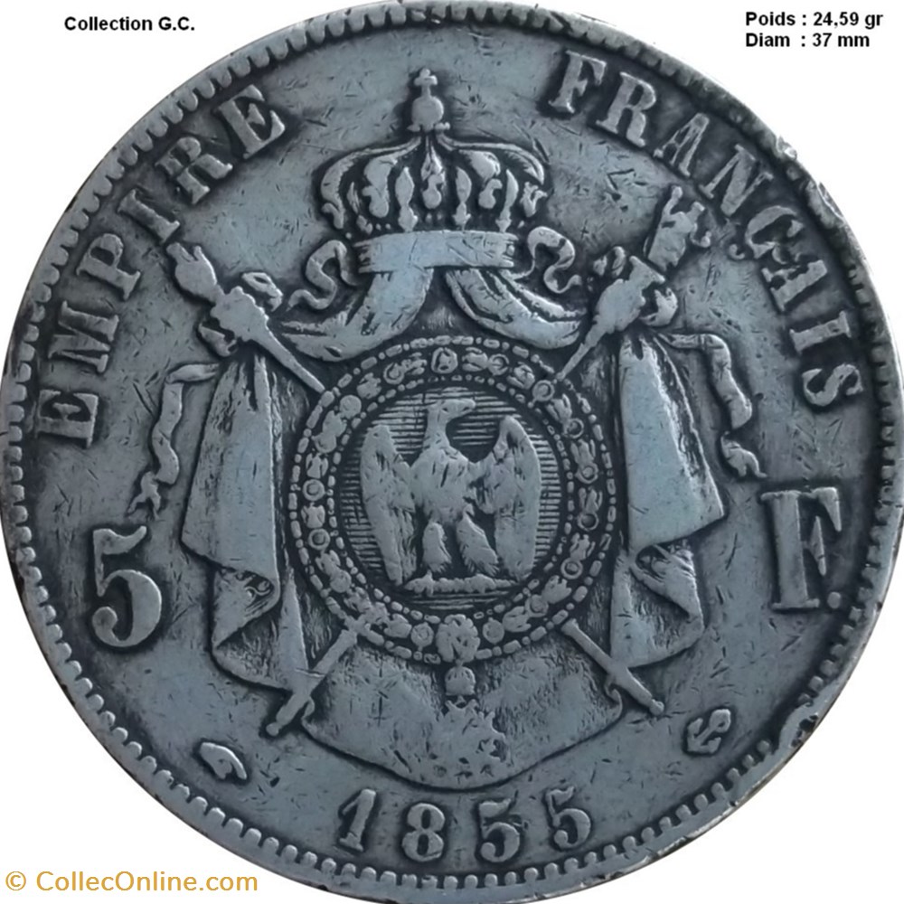 5 francs Napoléon III, tête nue 1855 A Paris monnaies monde france 5 francs napoleon iii tete nue 1855 a paris
