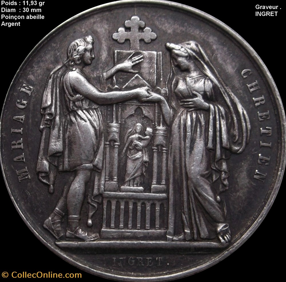 Médaille de mariage , Pingret , poinçon abeille , Argent , coin bouché sur le P de Pingret medailles medaille de mariage pingret poincon abeille argent coin bouche sur le p de pingret