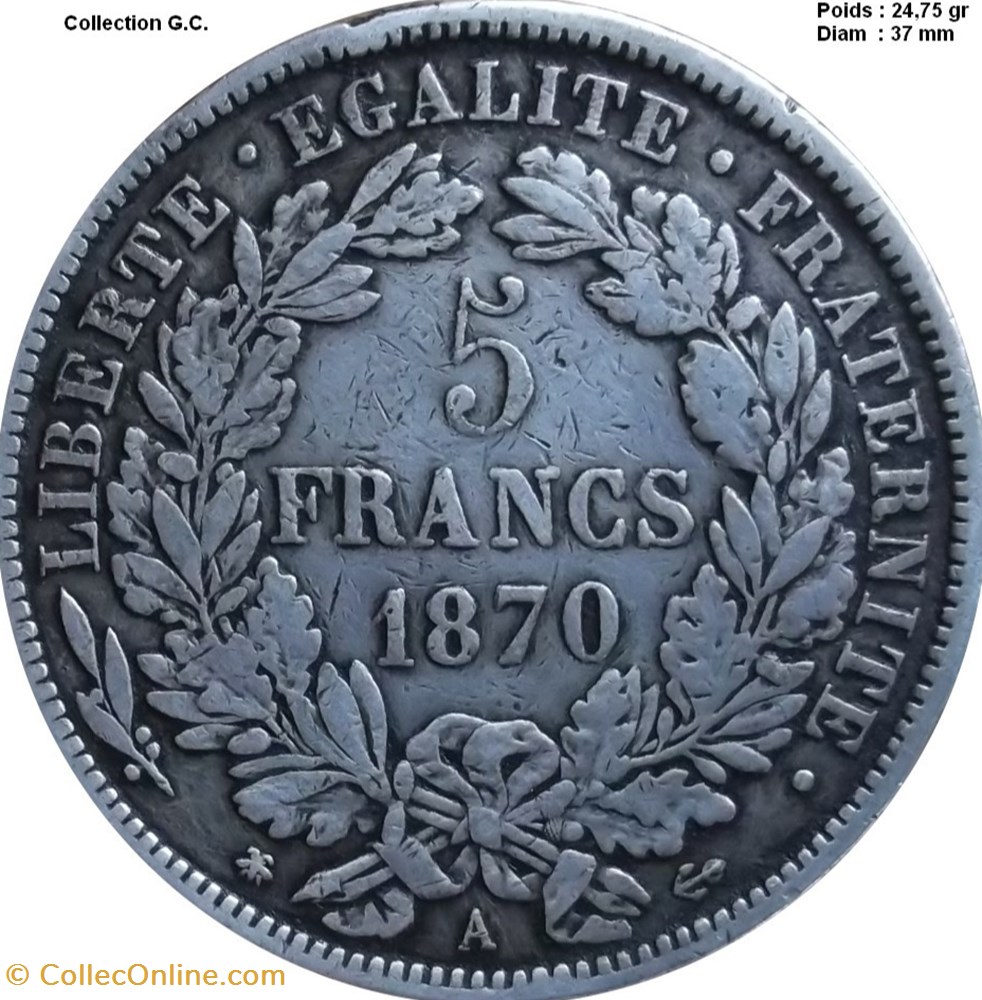 5 francs Cérès, avec légende 1870 Paris monnaies france modernes 5 francs ceres avec legende 1870 paris