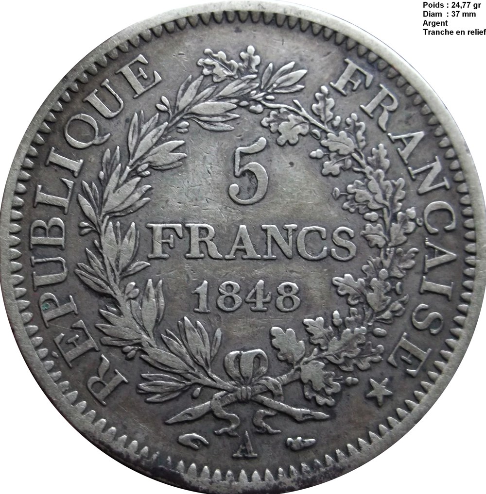 5 francs Hercule IIe République 1848 A Paris monnaies monde france 5 francs hercule iie republique 1848 a paris
