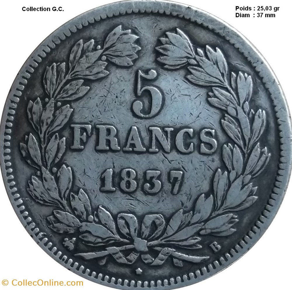 5 francs IIe type Domard 1837 B Rouen monnaies monde france 5 francs iie type domard 1837 b rouen