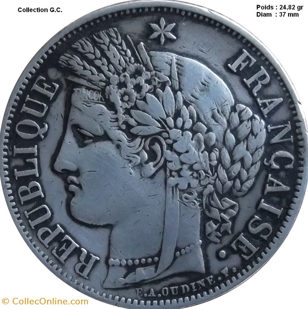 5 francs Cérès, IIe République 1851 A Paris monnaies monde france 5 francs ceres iie republique 1851 a paris