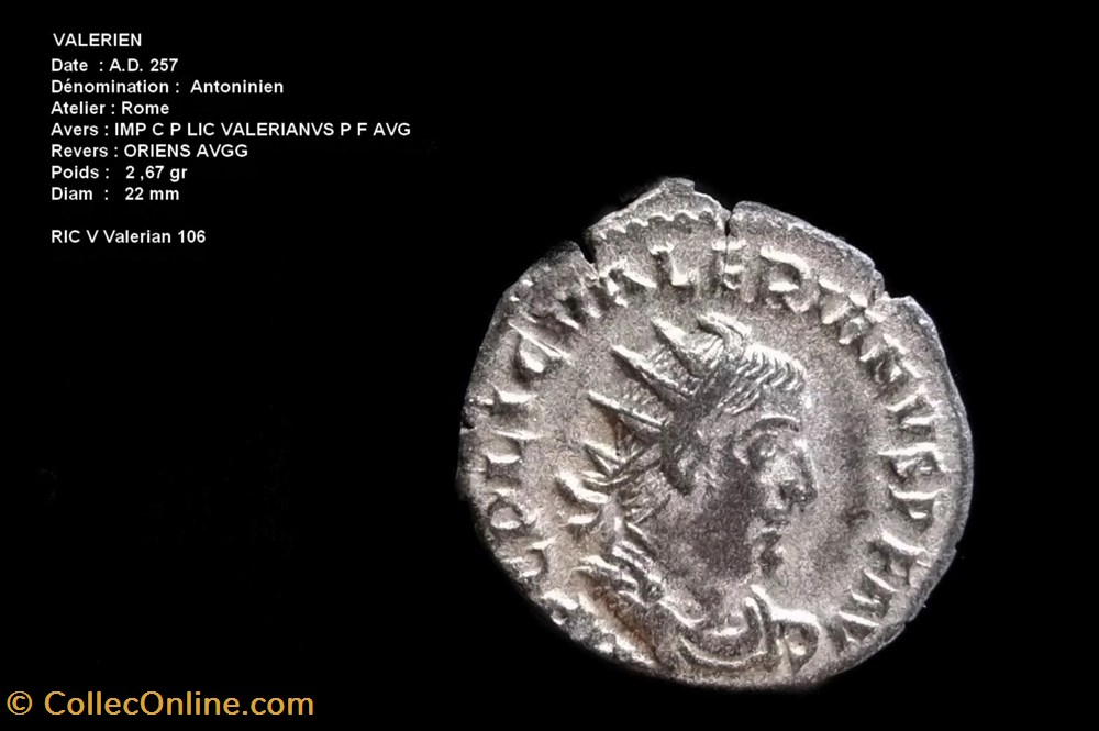 monnaies antiques romaines republicaines imperiales antoninien valerien ric v valerian 106