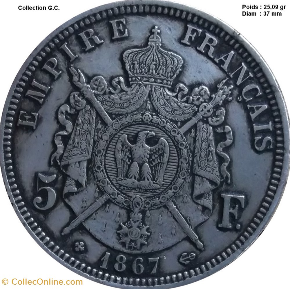 5 francs Napoléon III, tête laurée 1867 Strasbourg monnaies france modernes 5 francs napoleon iii tete lauree 1867 strasbourg