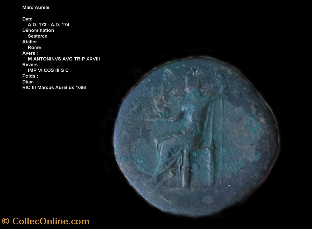 MARC AURELE RIC 1096 monnaies antiques romaines republicaines imperiales marc aurele ric 1096