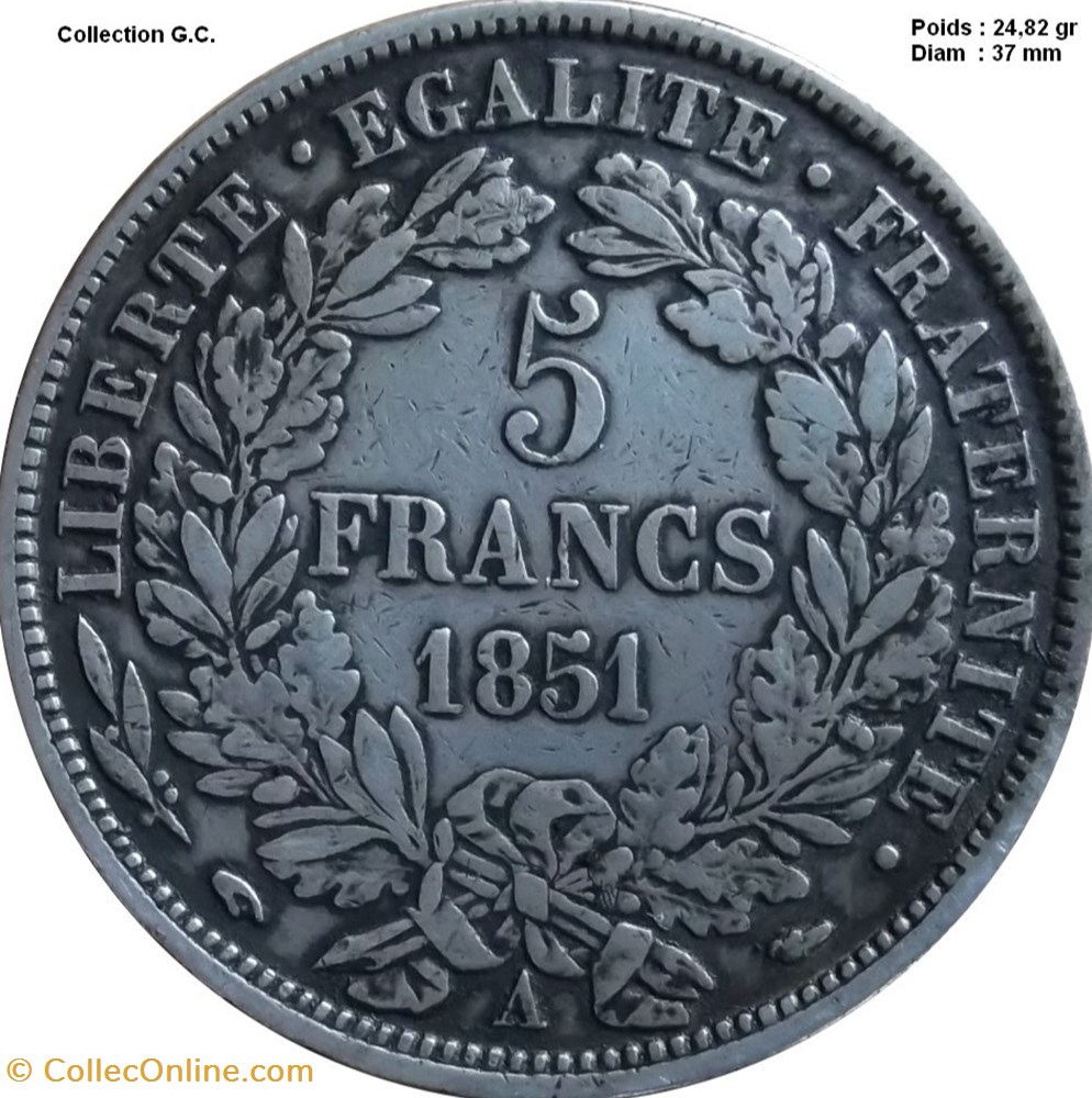 5 francs Cérès, IIe République 1851 A Paris monnaies monde france 5 francs ceres iie republique 1851 a paris
