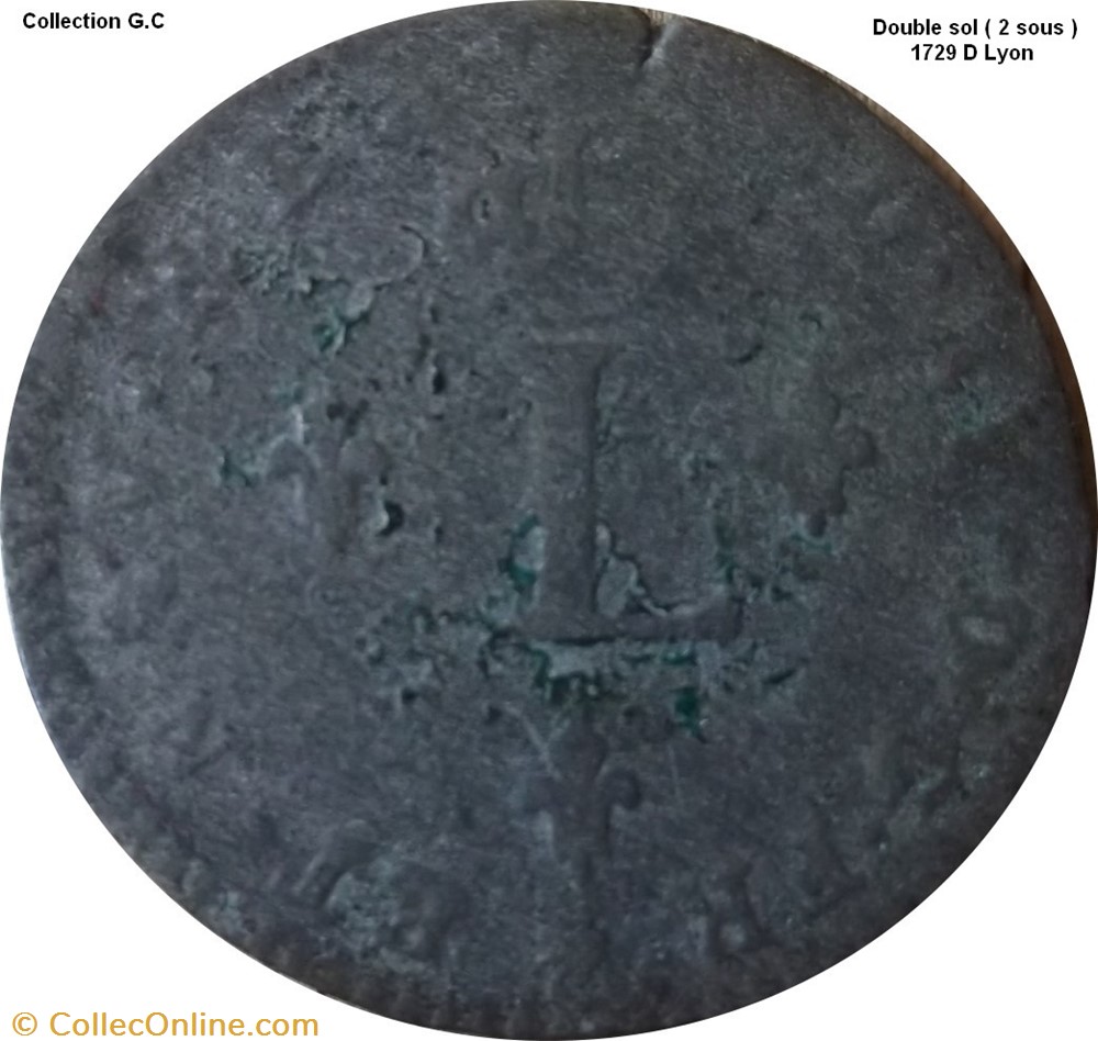 Double sol " 2 Sous" "dit aux 2 L couronnés" 1739 D Lyon monnaie france royale double sol 2 sous dit aux 2 l couronnes 1739 d lyon