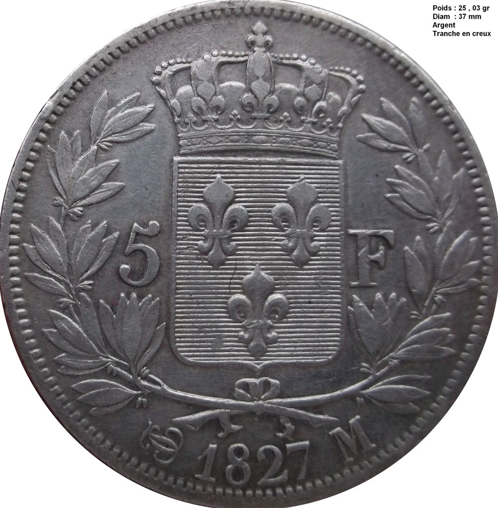5 Francs 1827 M Toulouse Charles X monnaies monde france 5 francs 1827 m toulouse charles x