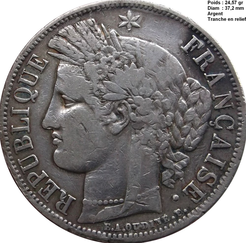 monnaies monde france 5 francs ceres iie republique 1849 bb strasbourg