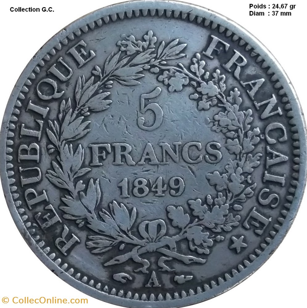 5 francs Hercule, IIe République 1849 A Paris monnaies monde france 5 francs hercule iie republique 1849 a paris