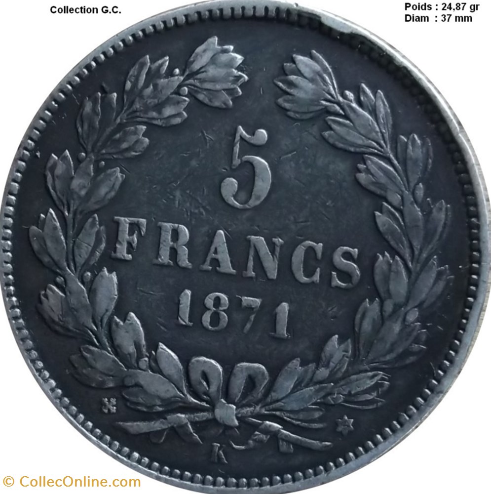 5 francs Cérès, sans légende 1871 K Bordeaux monnaies monde france 5 francs ceres sans legende 1871 k bordeaux