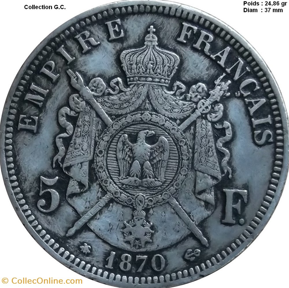 5 francs Napoléon III, tête laurée 1870 Strasbourg monnaies france modernes 5 francs napoleon iii tete lauree 1870 strasbourg
