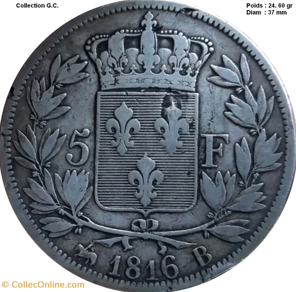 monnaies monde france 5 francs louis xviii tete nue 1816 b rouen