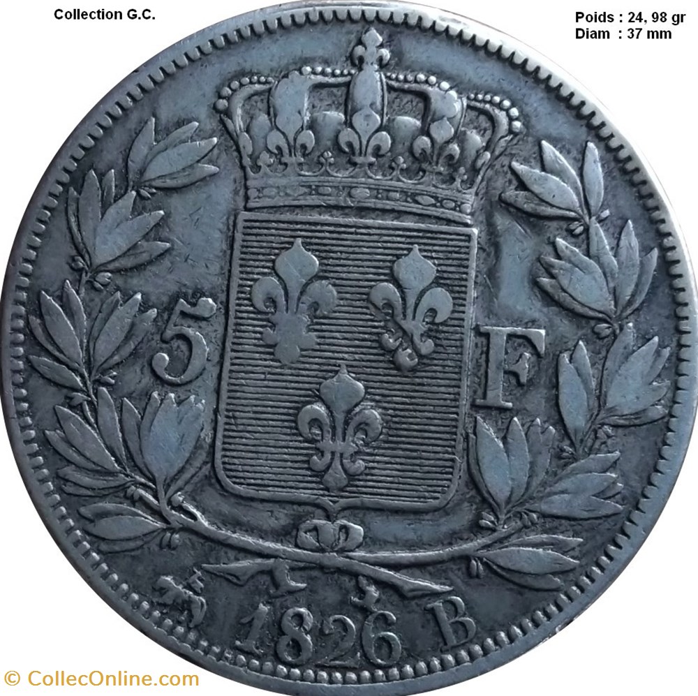5 francs Charles X, 1er type 1826 B Rouen monnaies monde france 5 francs charles x 1er type 1826 b rouen