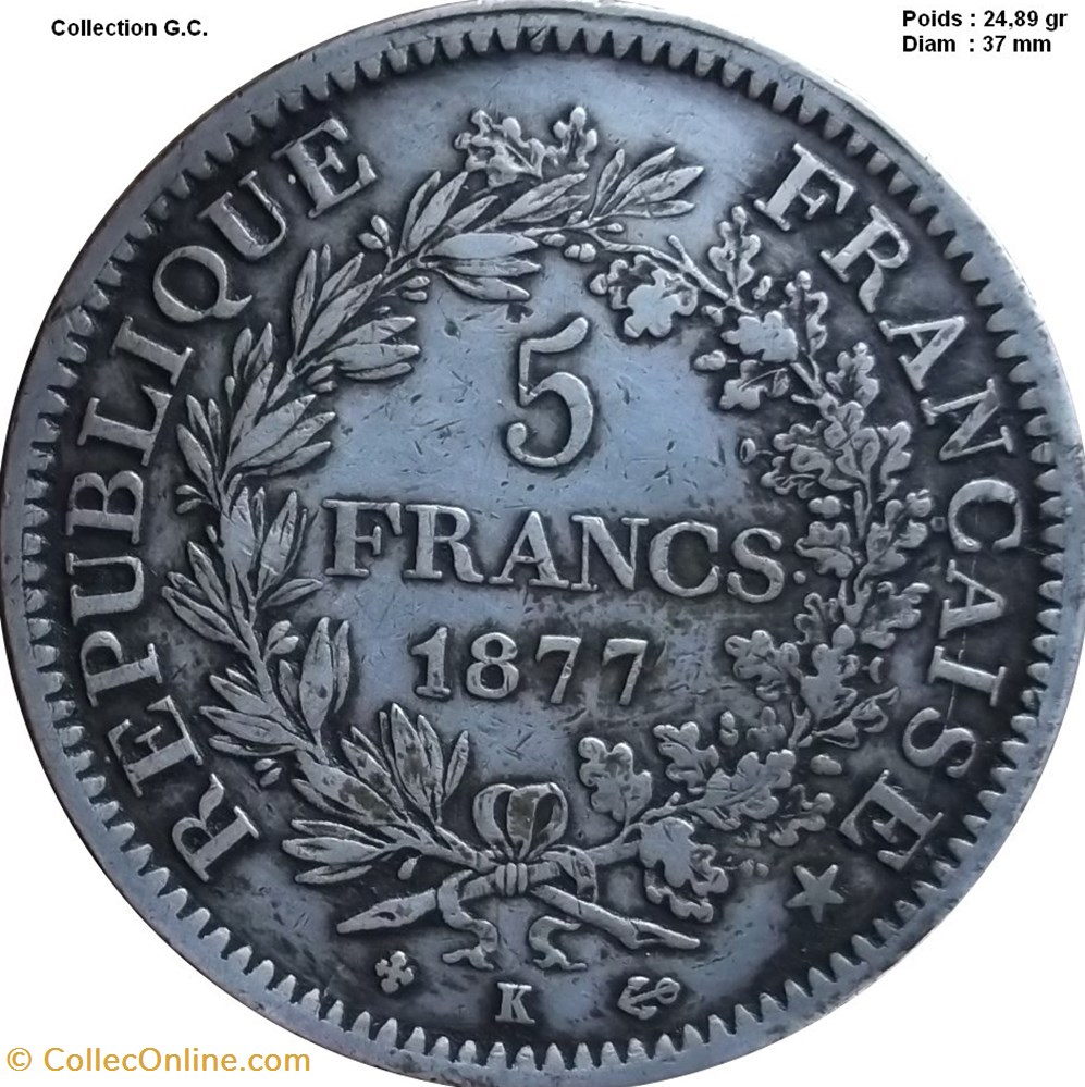 - 5 francs Hercule 1877 K Bordeaux monnaies monde france 5 francs hercule 1877 k bordeaux