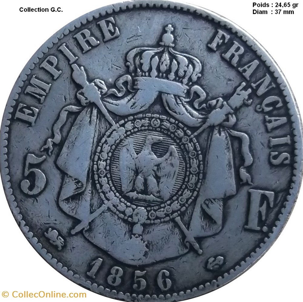 5 francs Napoléon III, tête nue 1856 D Lyon monnaies monde france 5 francs napoleon iii tete nue 1856 d lyon