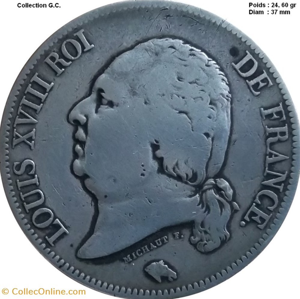 monnaies monde france 5 francs louis xviii tete nue 1816 b rouen