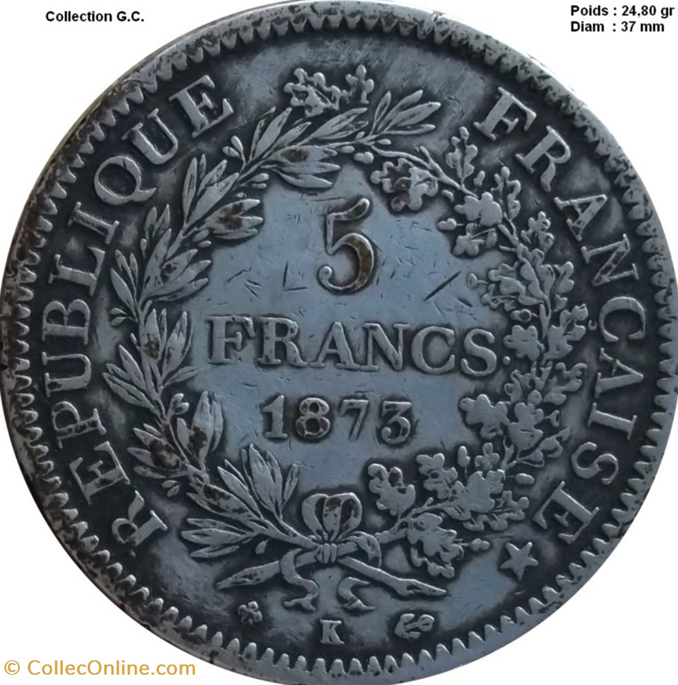 5 francs Hercule 1873 K Bordeaux monnaies monde france 5 francs hercule 1873 k bordeaux
