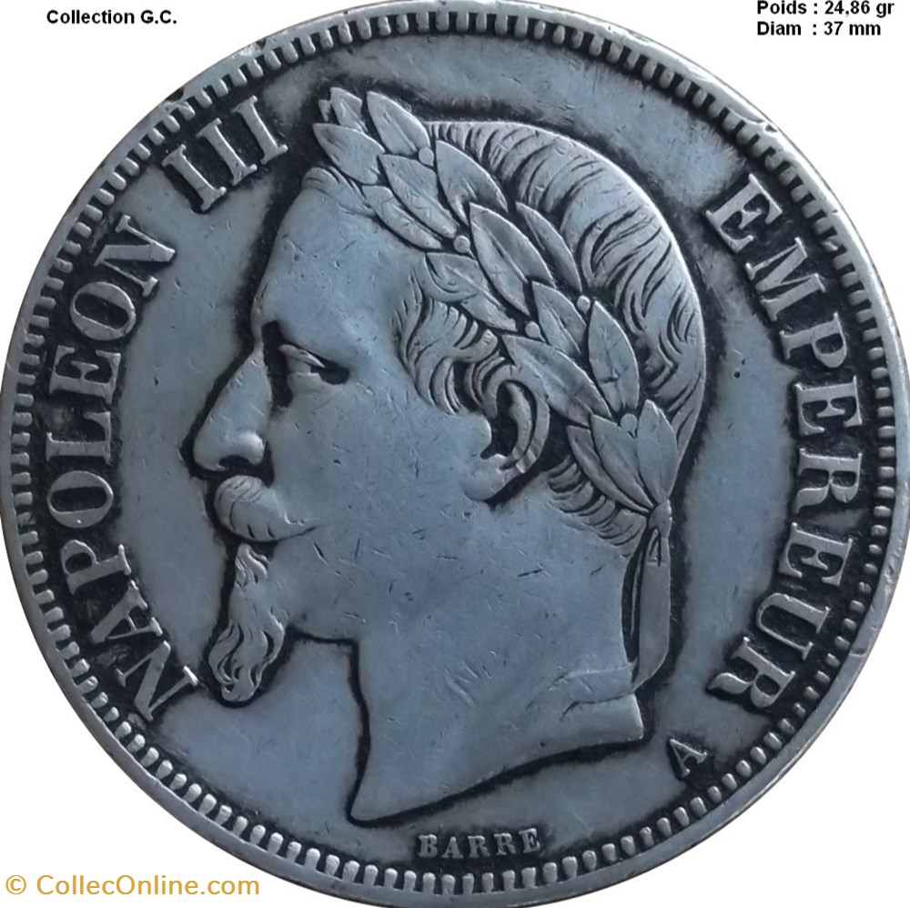 5 francs Napoléon III, tête laurée 1870 Strasbourg monnaies france modernes 5 francs napoleon iii tete lauree 1870 strasbourg