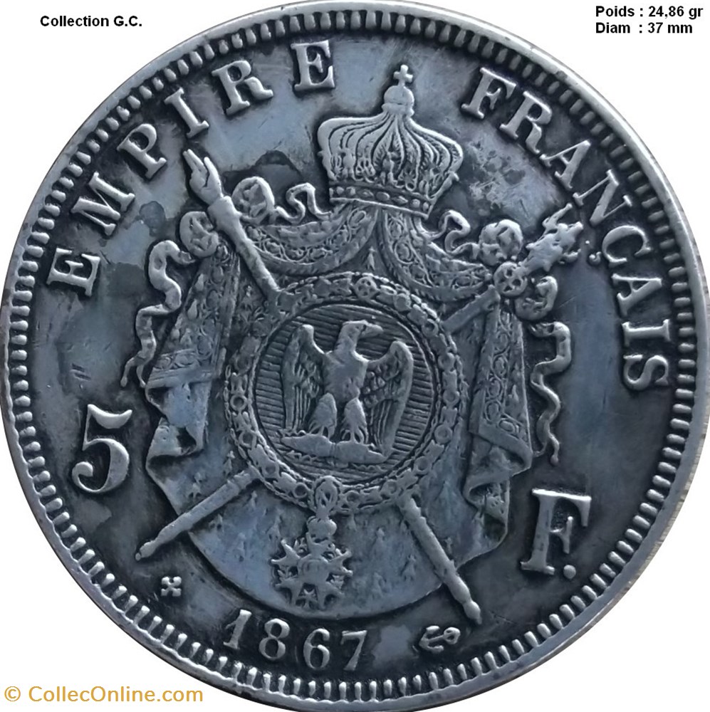 5 francs Napoléon III, tête laurée 1867 BB Strasbourg monnaies monde france 5 francs napoleon iii tete lauree 1867 bb strasbourg