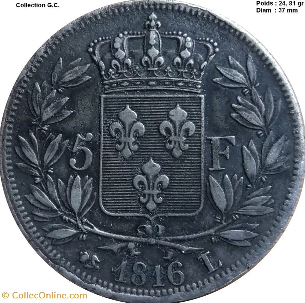 5 francs Louis XVIII, tête nue 1816 L Bayonne monnaies monde france 5 francs louis xviii tete nue 1816 l bayonne