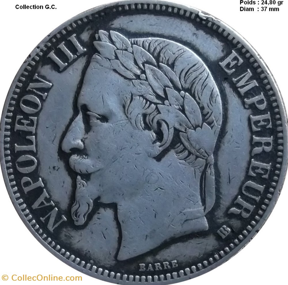 5 francs Napoléon III, tête laurée 1869 BB Strasbourg monnaies monde france 5 francs napoleon iii tete lauree 1869 bb strasbourg